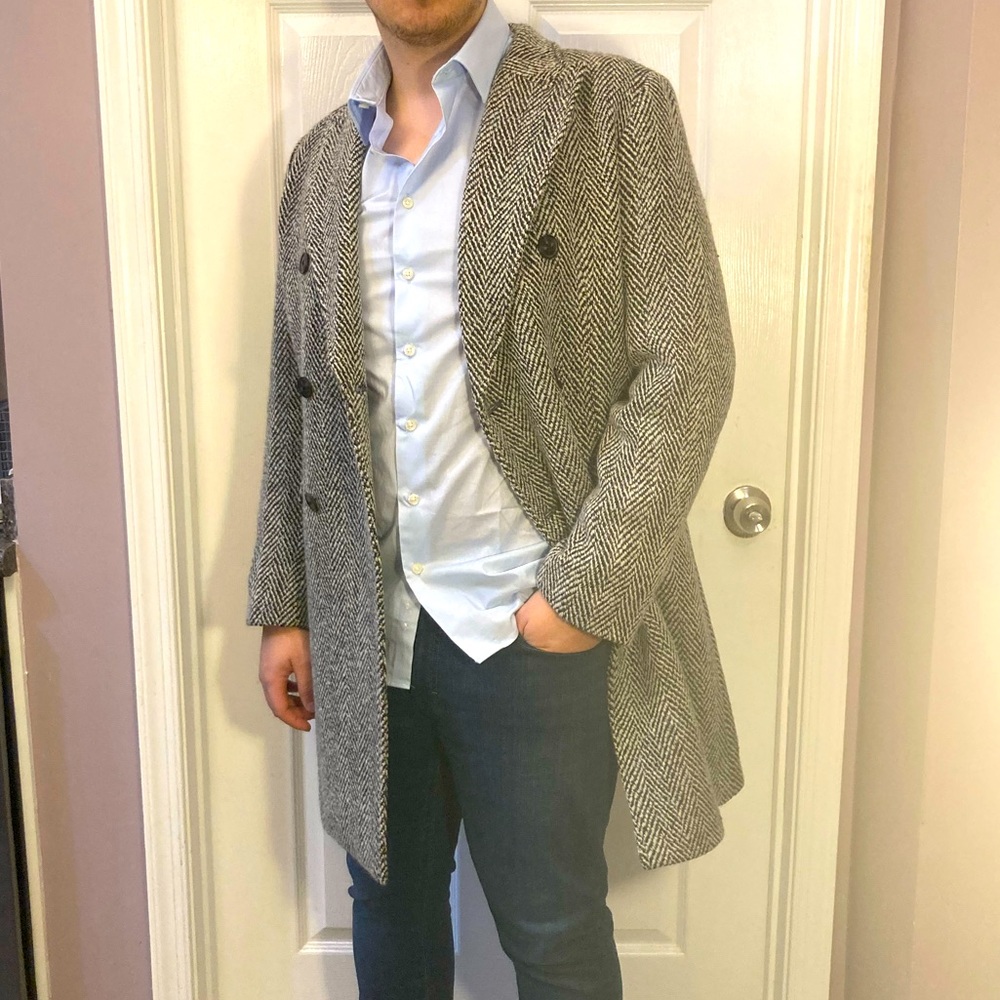 Mens Express Black/White Herringbone Wool Overcoat Size Medium